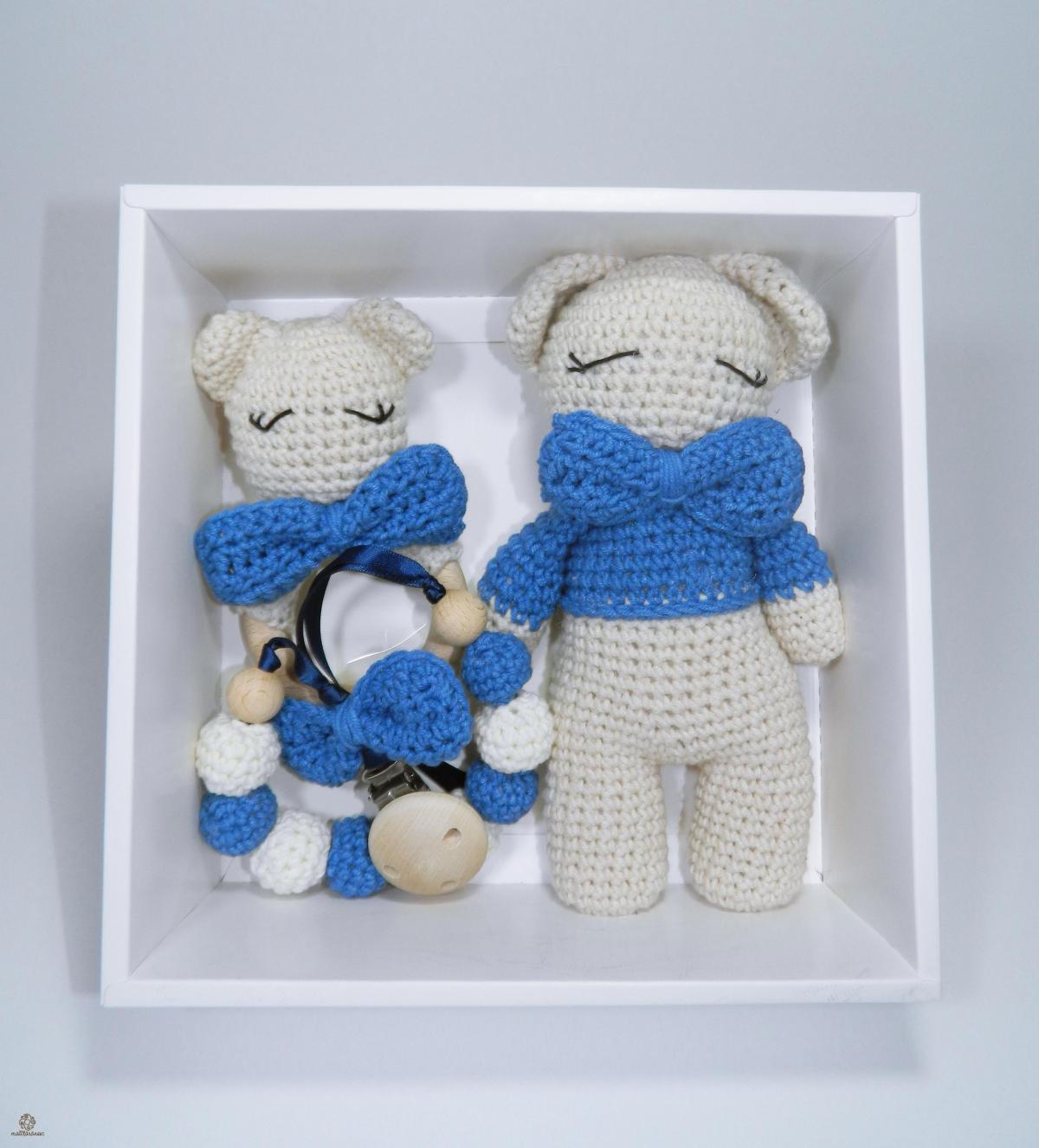 Set cadou jucarii bebelusi, 3 piese crosetate, Albastru